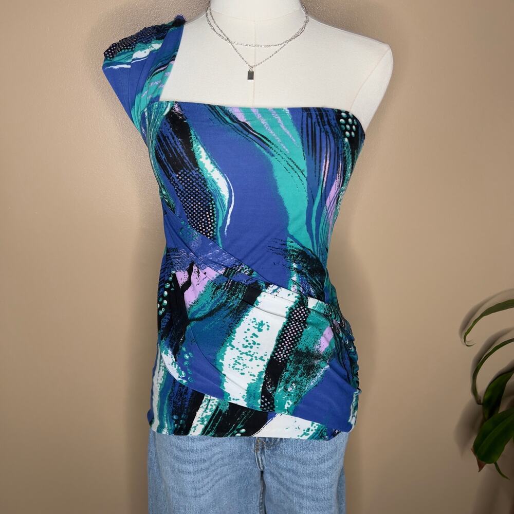 Bacci One Shoulder Abstract Print Top Blue Fitted Y2K Medium